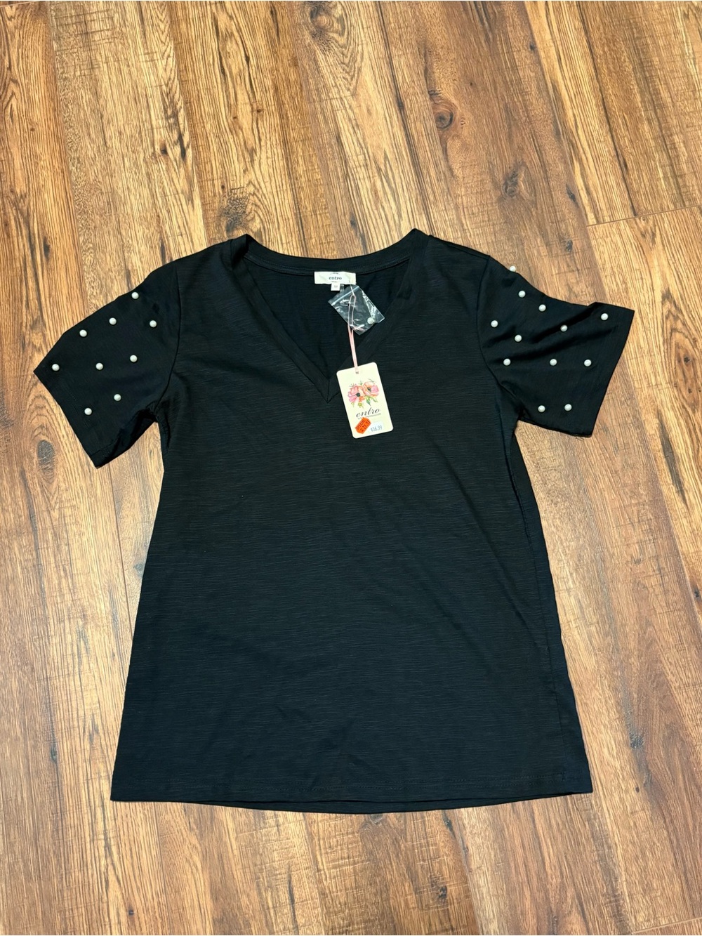 entro Black V-Neck Short Sleeve Tee with Pearl Sleeve Detail